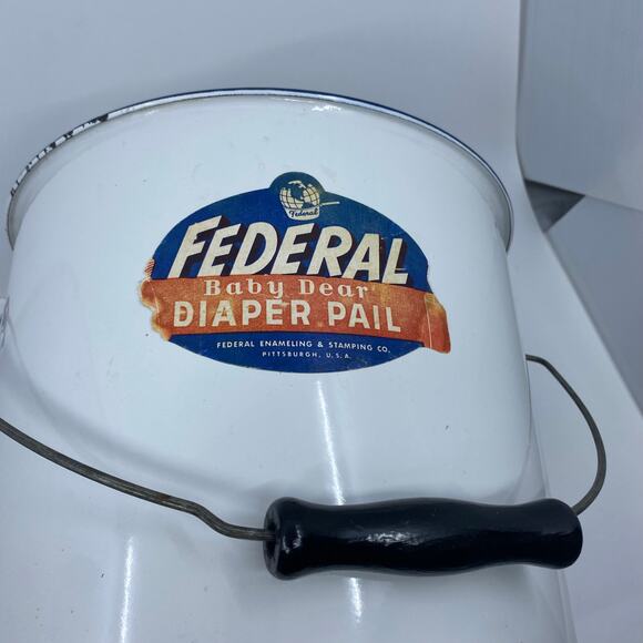 Vintage Diaper Pail Federal Baby Dear white enamel with blue trim - Picture 2 of 8